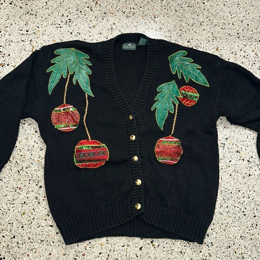 Black holiday Christmas cardigan sweater large L ornaments gold